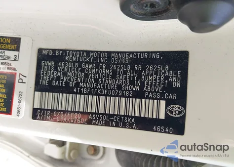 2015 Toyota Camry Se z USA, uszkodzony, nr VIN 4T1BF1FK3FU079182